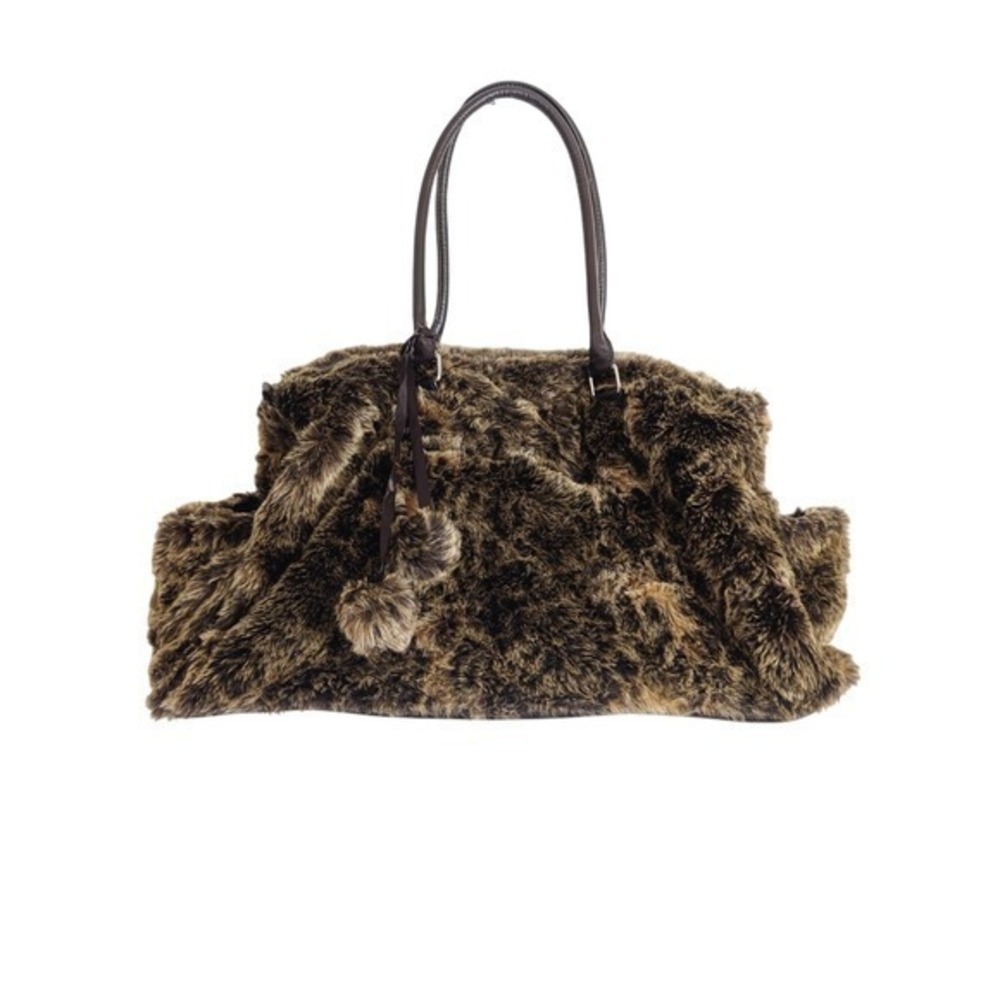Faux Fur Tote Bag with Pom Trim - Brown